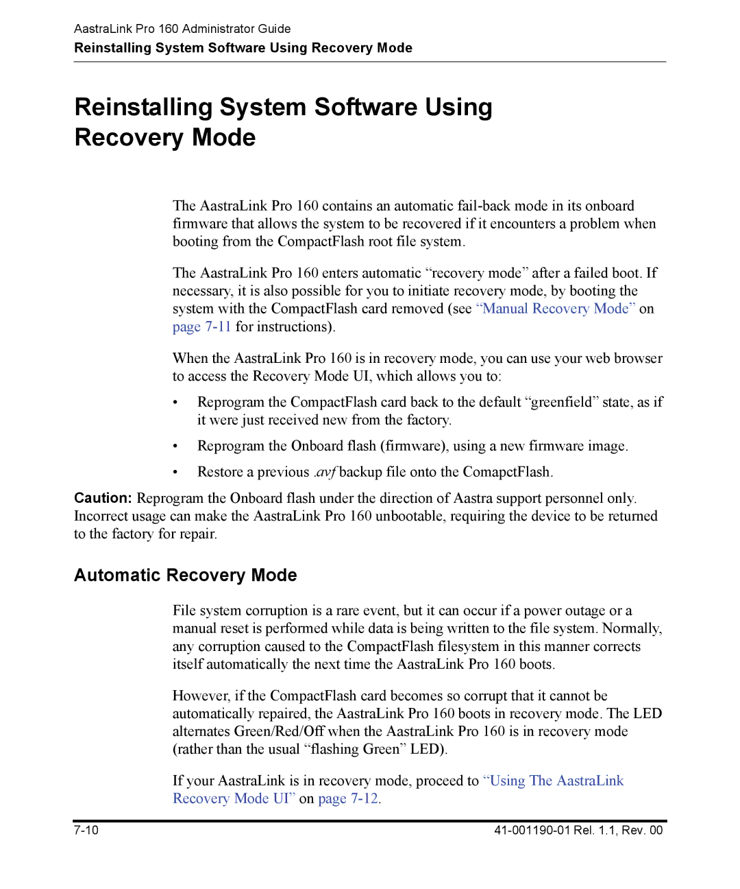 Aastra Telecom Pro 160 manual Reinstalling System Software Using Recovery Mode, Automatic Recovery Mode 