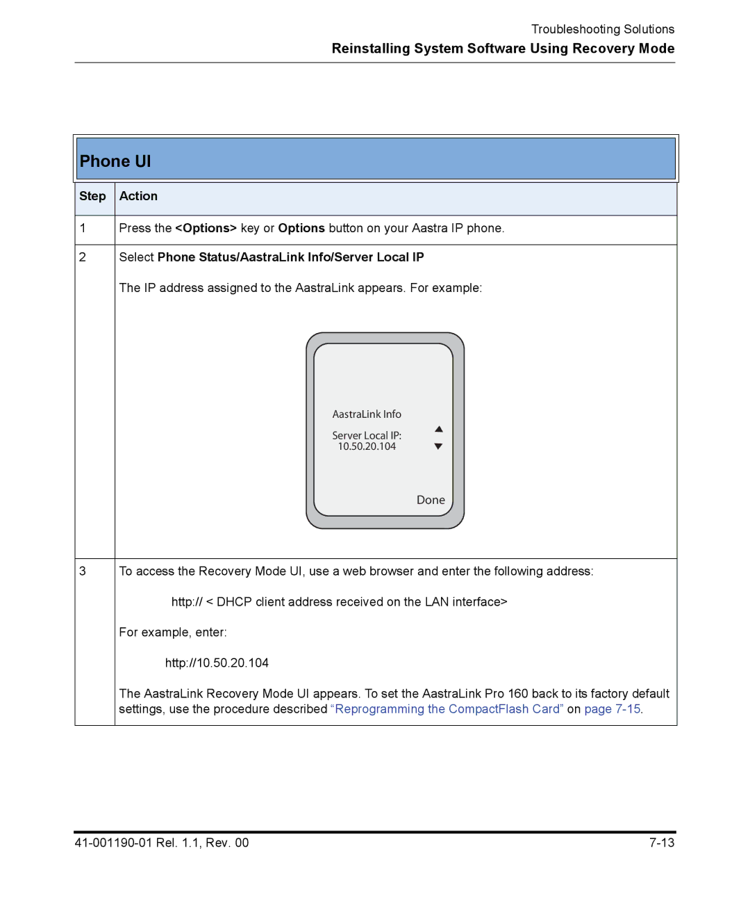 Aastra Telecom Pro 160 manual Phone UI, Select Phone Status/AastraLink Info/Server Local IP 