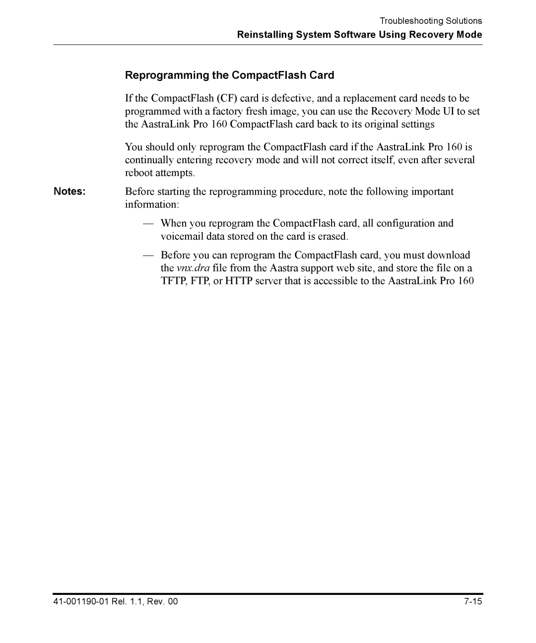 Aastra Telecom Pro 160 manual Reprogramming the CompactFlash Card 