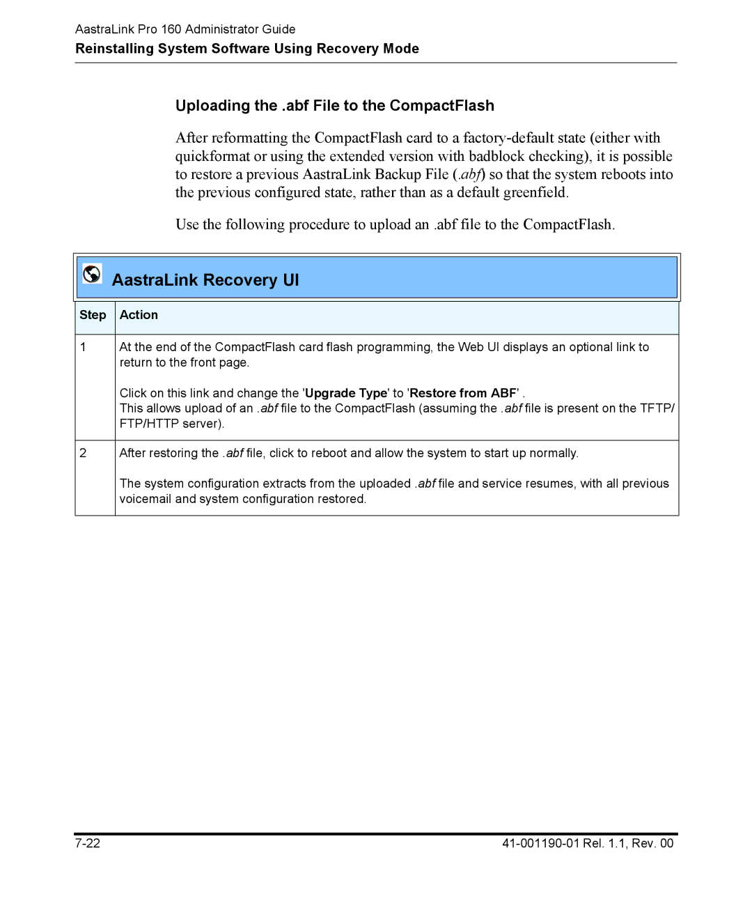 Aastra Telecom Pro 160 manual Uploading the .abf File to the CompactFlash 