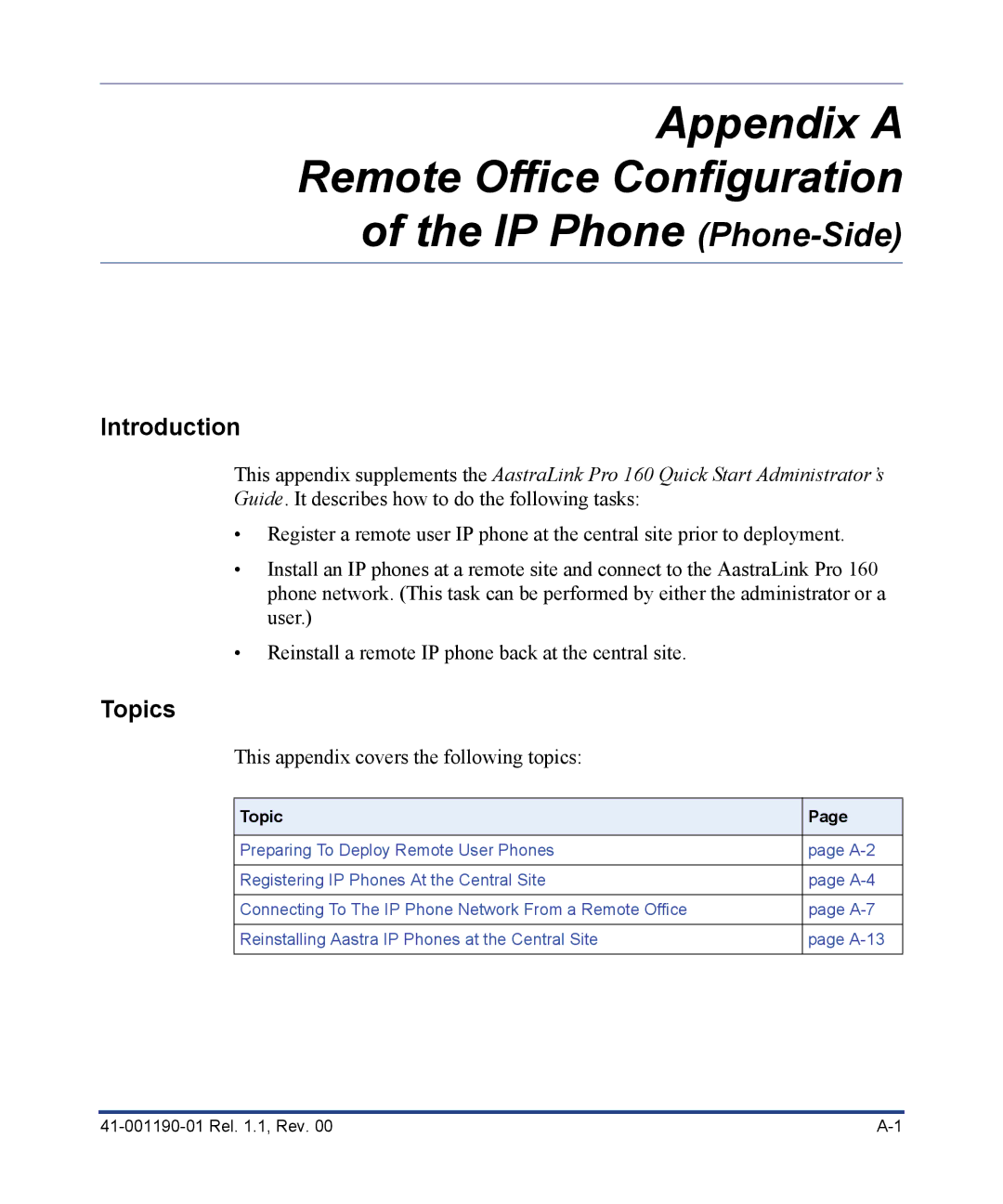 Aastra Telecom Pro 160 manual Appendix a Remote Office Configuration IP Phone Phone-Side 