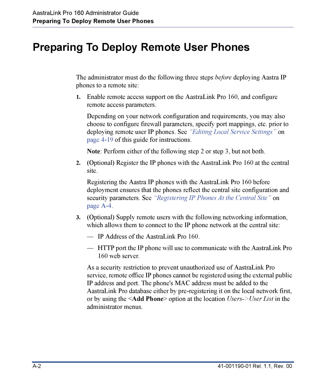 Aastra Telecom Pro 160 manual Preparing To Deploy Remote User Phones 