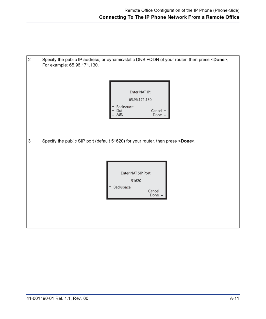 Aastra Telecom Pro 160 manual Enter NAT IP 65.96.171.130 Backspace Dot .Cancel ABCDone 