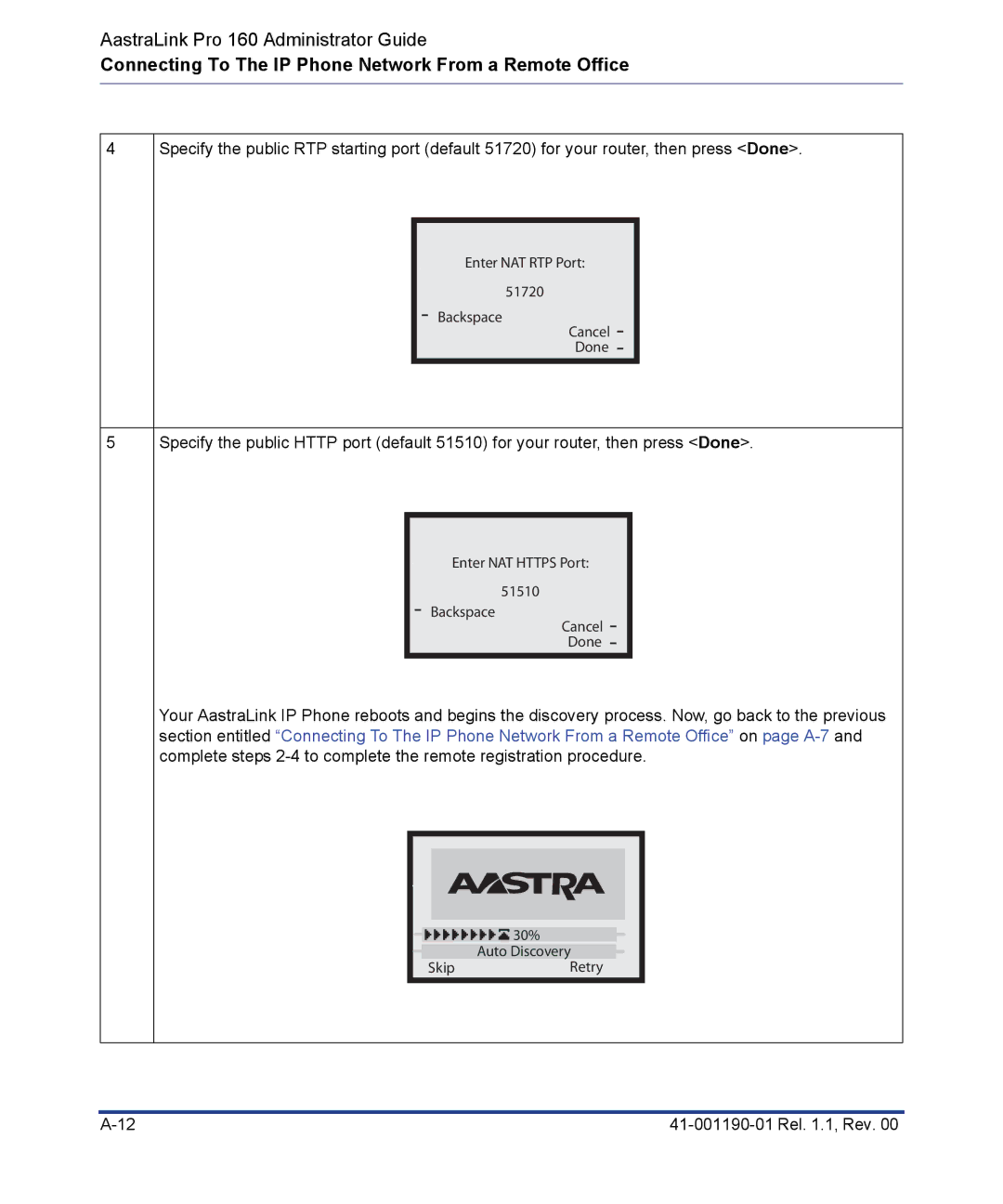 Aastra Telecom Pro 160 manual Enter NAT RTP Port 51720 Backspace Cancel Done 