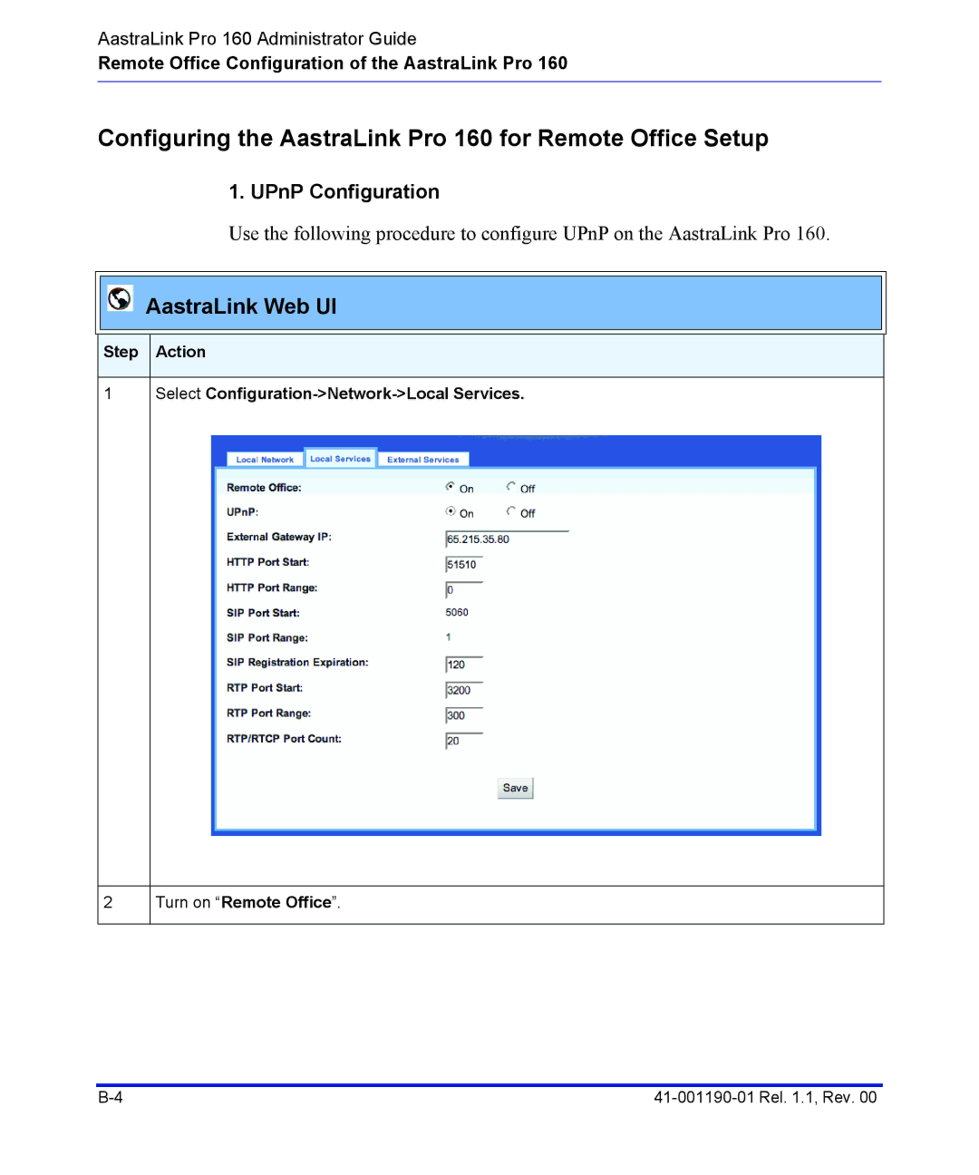 Aastra Telecom manual Configuring the AastraLink Pro 160 for Remote Office Setup, UPnP Configuration 