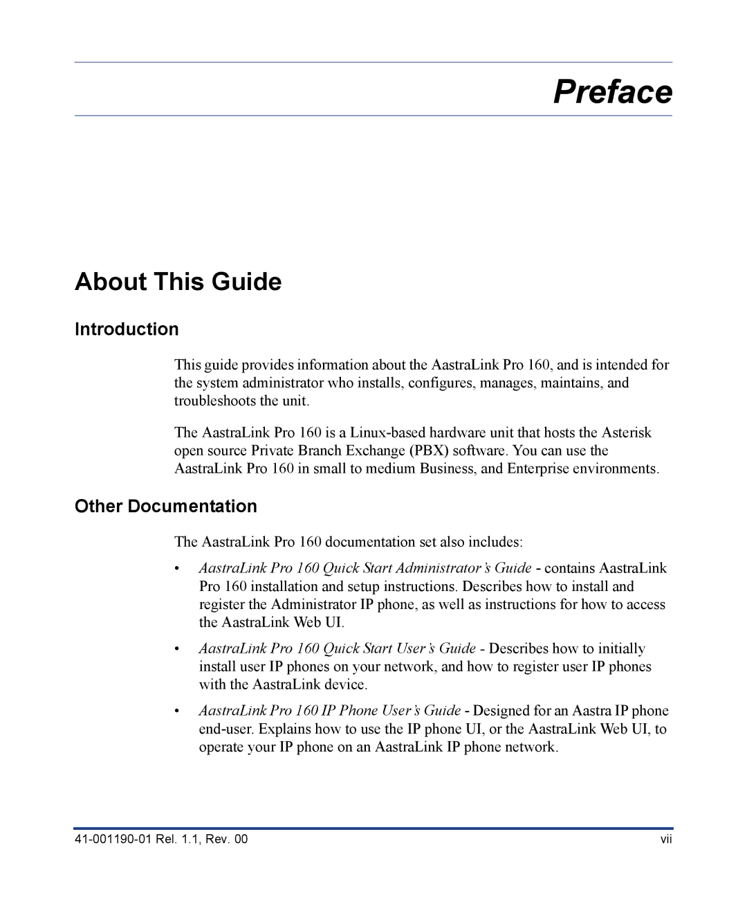 Aastra Telecom Pro 160 manual About This Guide, Introduction, Other Documentation 