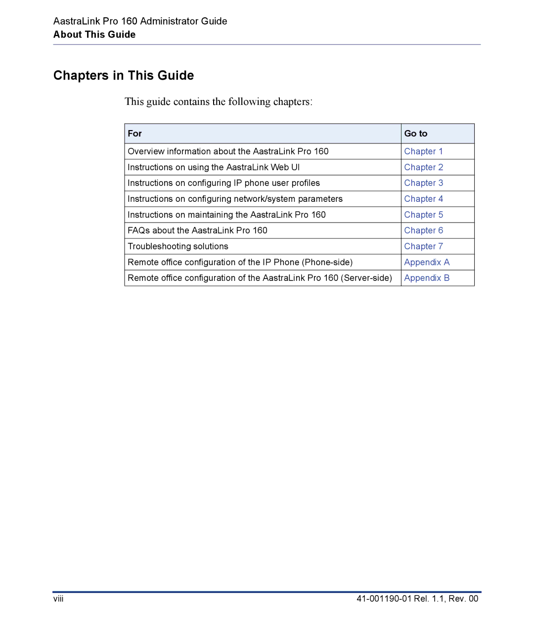 Aastra Telecom Pro 160 manual Chapters in This Guide, For Go to 