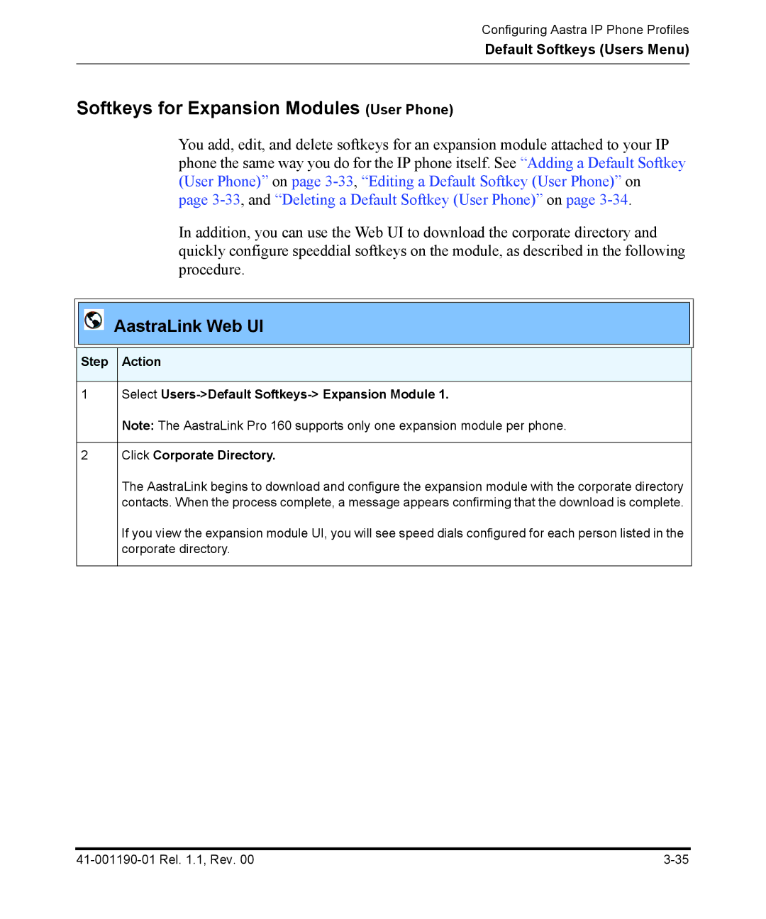 Aastra Telecom Pro 160 manual Softkeys for Expansion Modules User Phone 