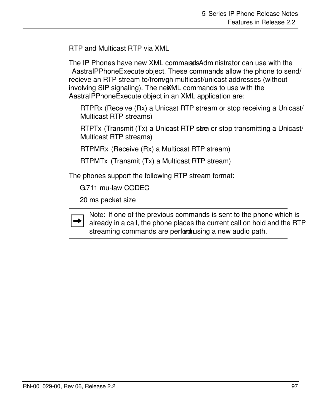 Aastra Telecom REV 06, RN-001029-00 manual RTP and Multicast RTP via XML 