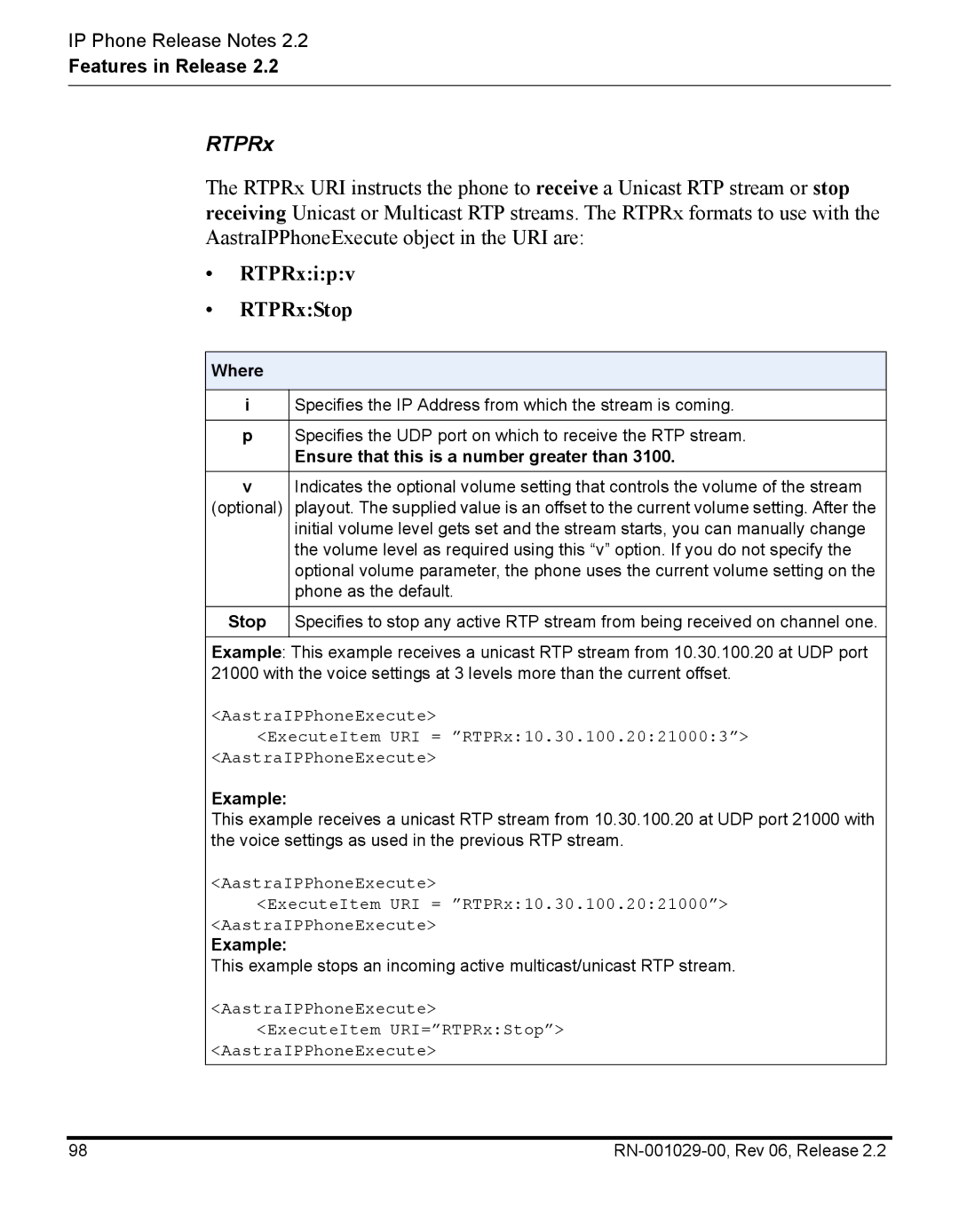 Aastra Telecom RN-001029-00, REV 06 manual RTPRxipv RTPRxStop, Where, Ensure that this is a number greater than 