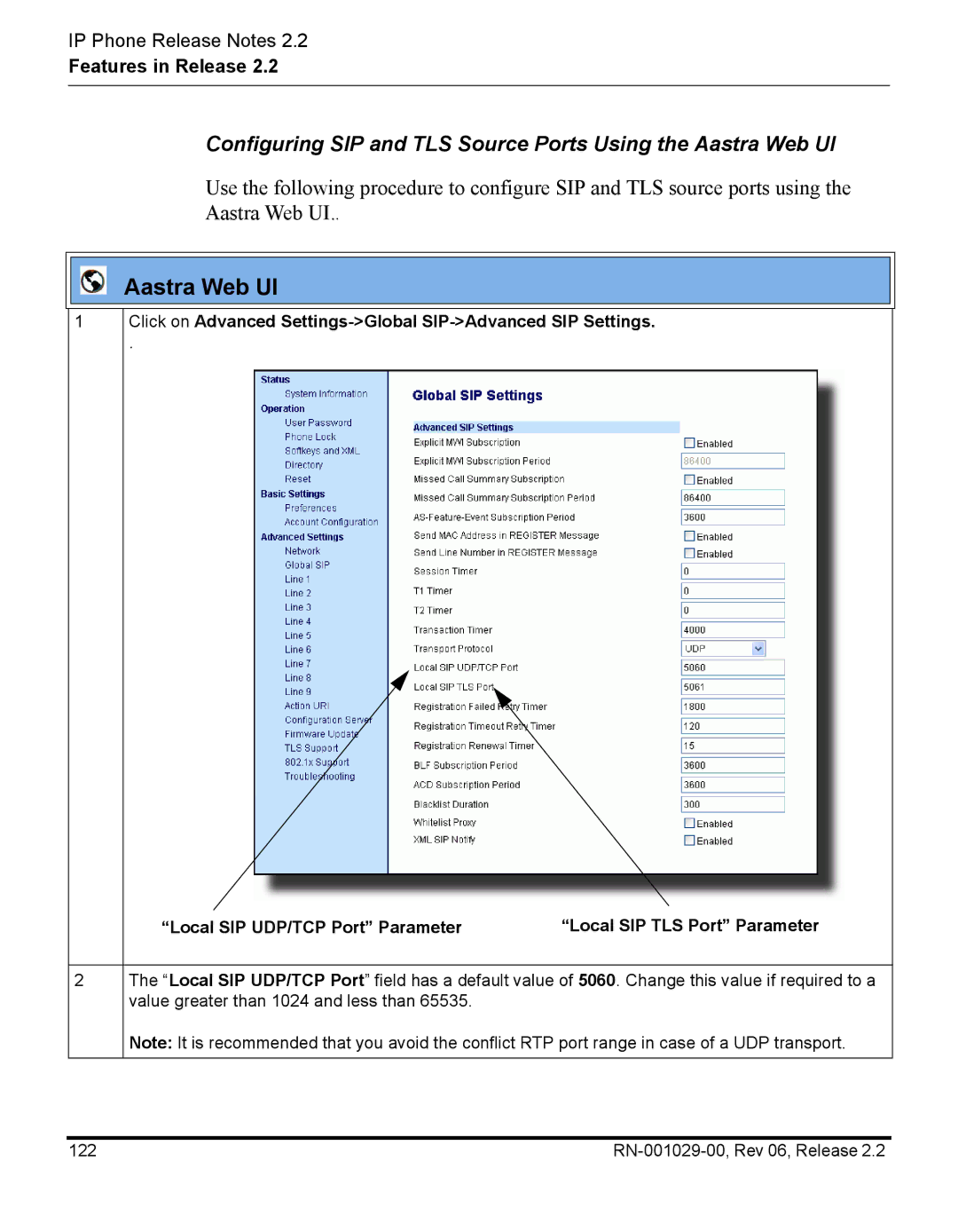 Aastra Telecom RN-001029-00, REV 06 manual Configuring SIP and TLS Source Ports Using the Aastra Web UI 