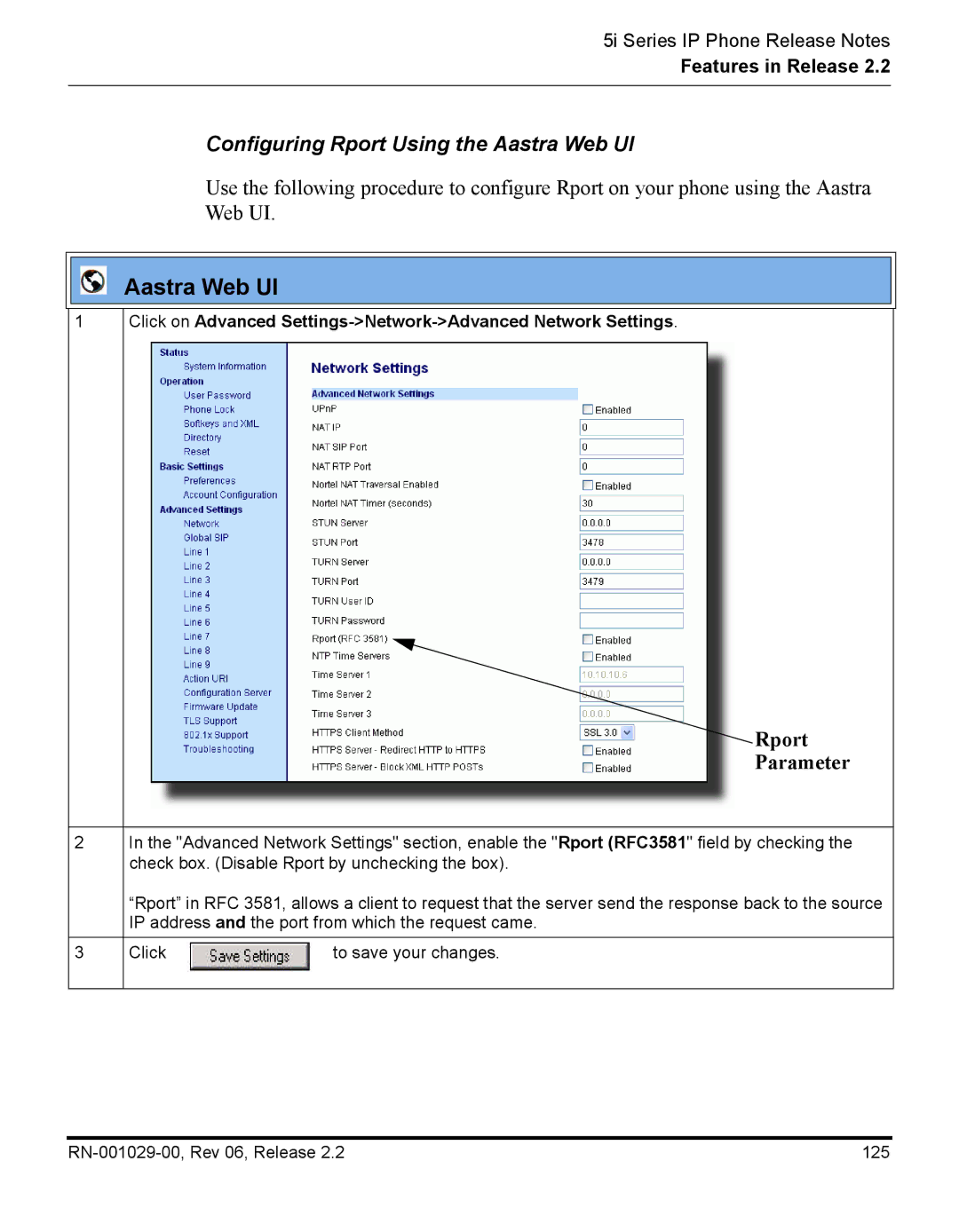 Aastra Telecom REV 06, RN-001029-00 manual Configuring Rport Using the Aastra Web UI 