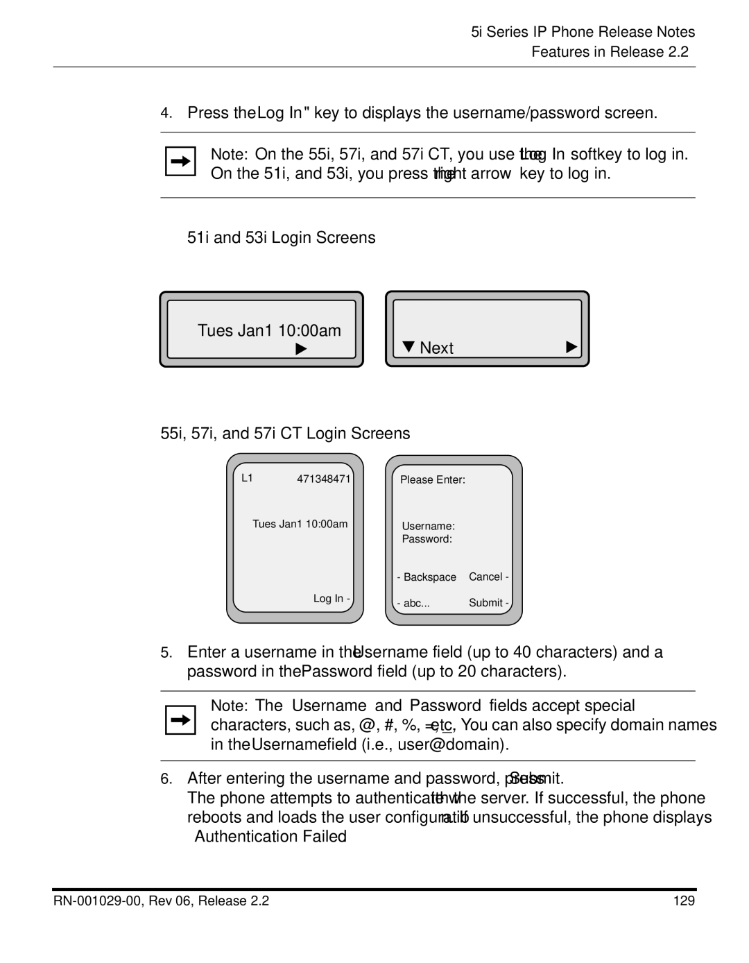 Aastra Telecom REV 06, RN-001029-00 manual 51i and 53i Login Screens, 55i, 57i, and 57i CT Login Screens 