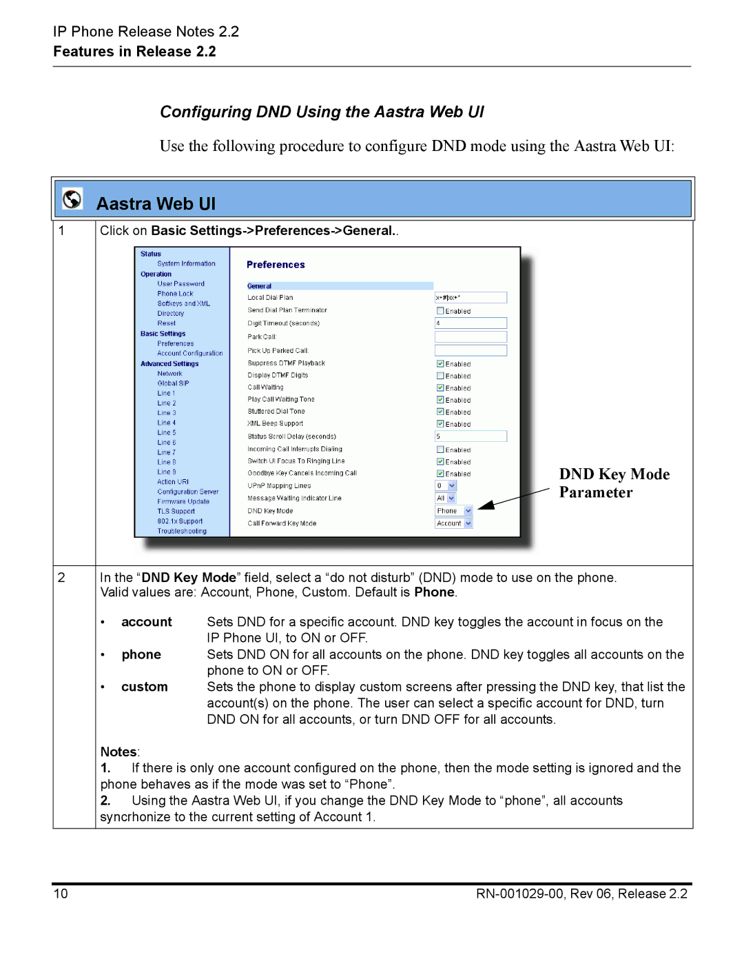 Aastra Telecom RN-001029-00, REV 06 manual Configuring DND Using the Aastra Web UI, DND Key Mode Parameter 