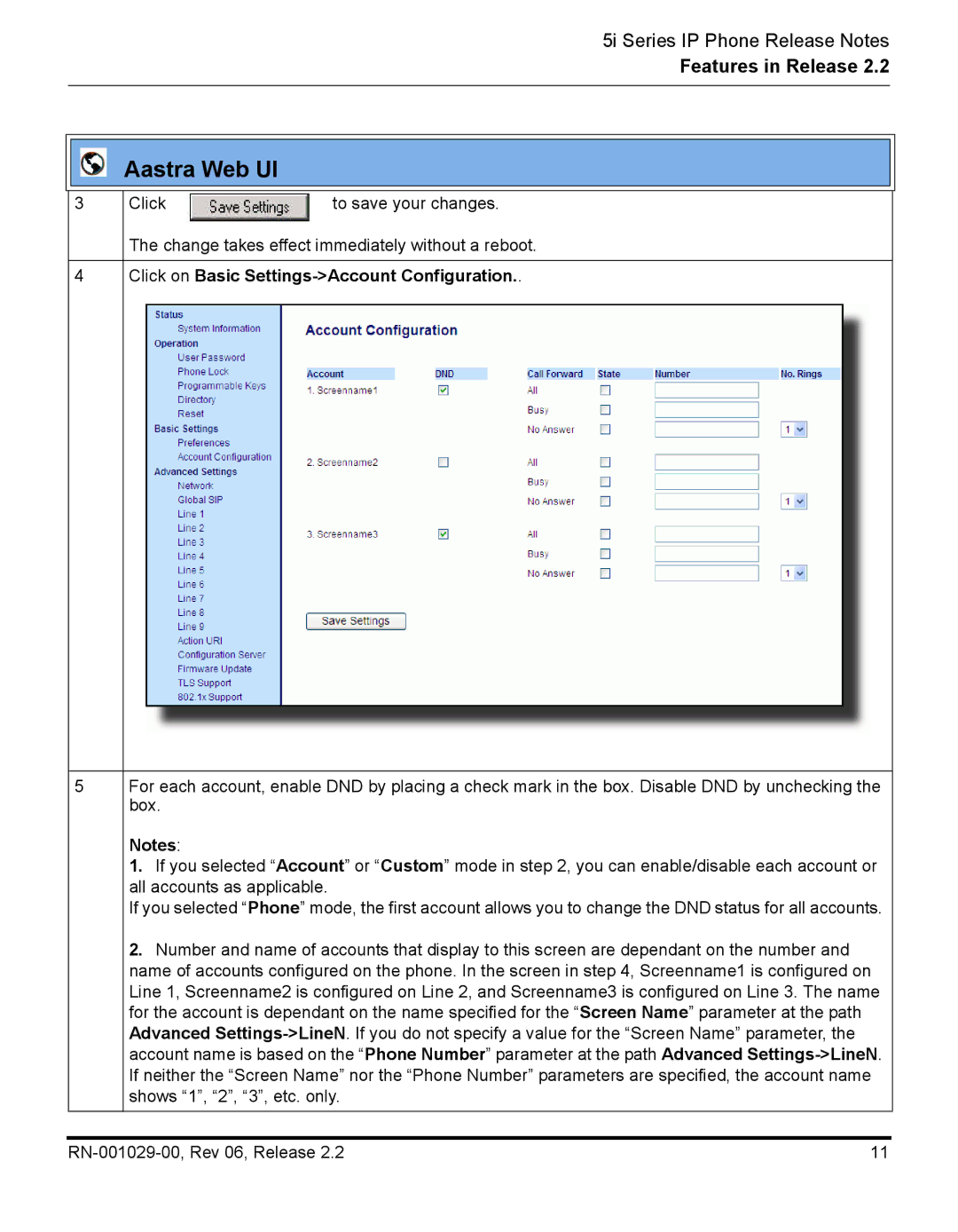 Aastra Telecom REV 06, RN-001029-00 manual Click on Basic Settings-Account Configuration 