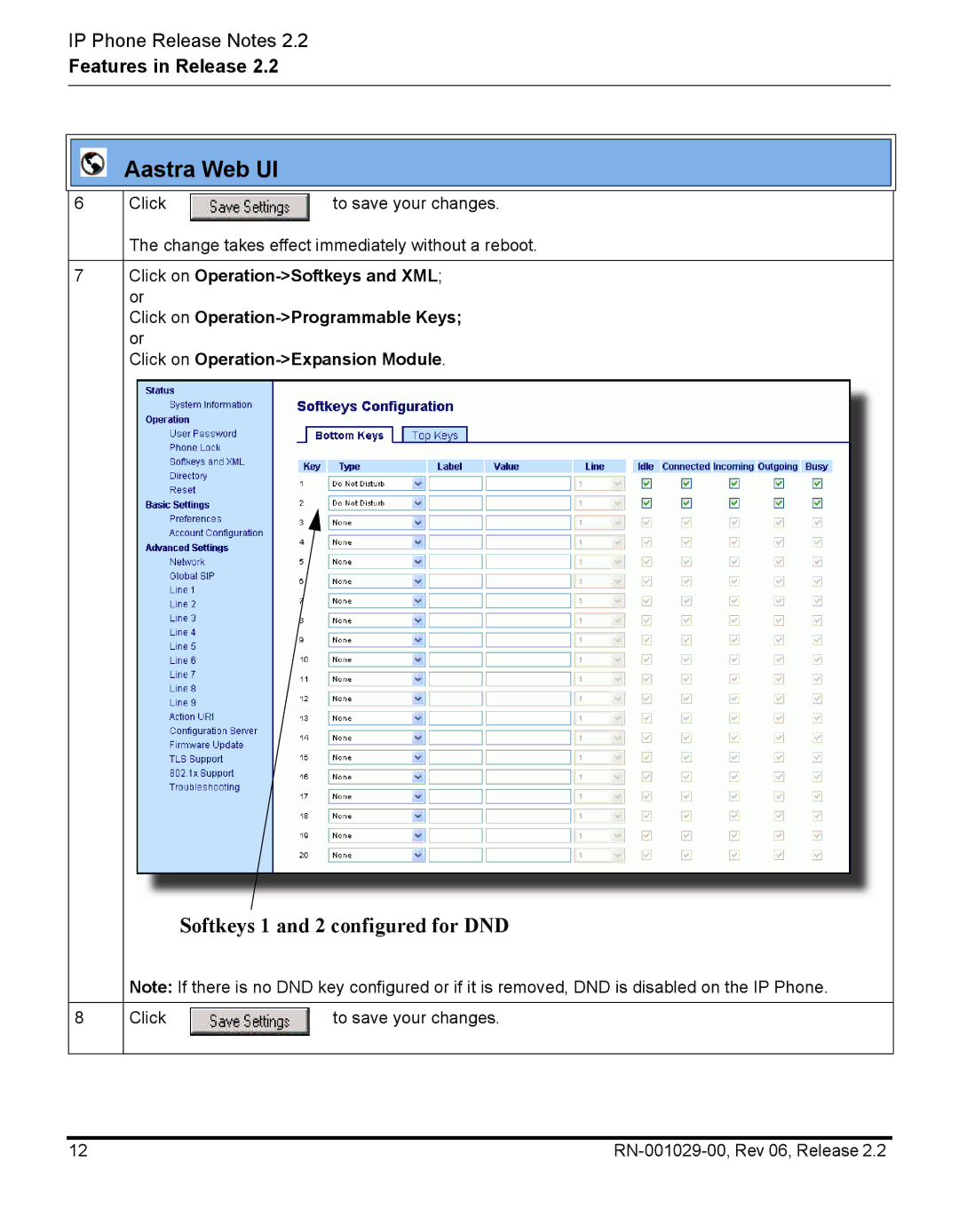 Aastra Telecom RN-001029-00, REV 06 manual Softkeys 1 and 2 configured for DND 