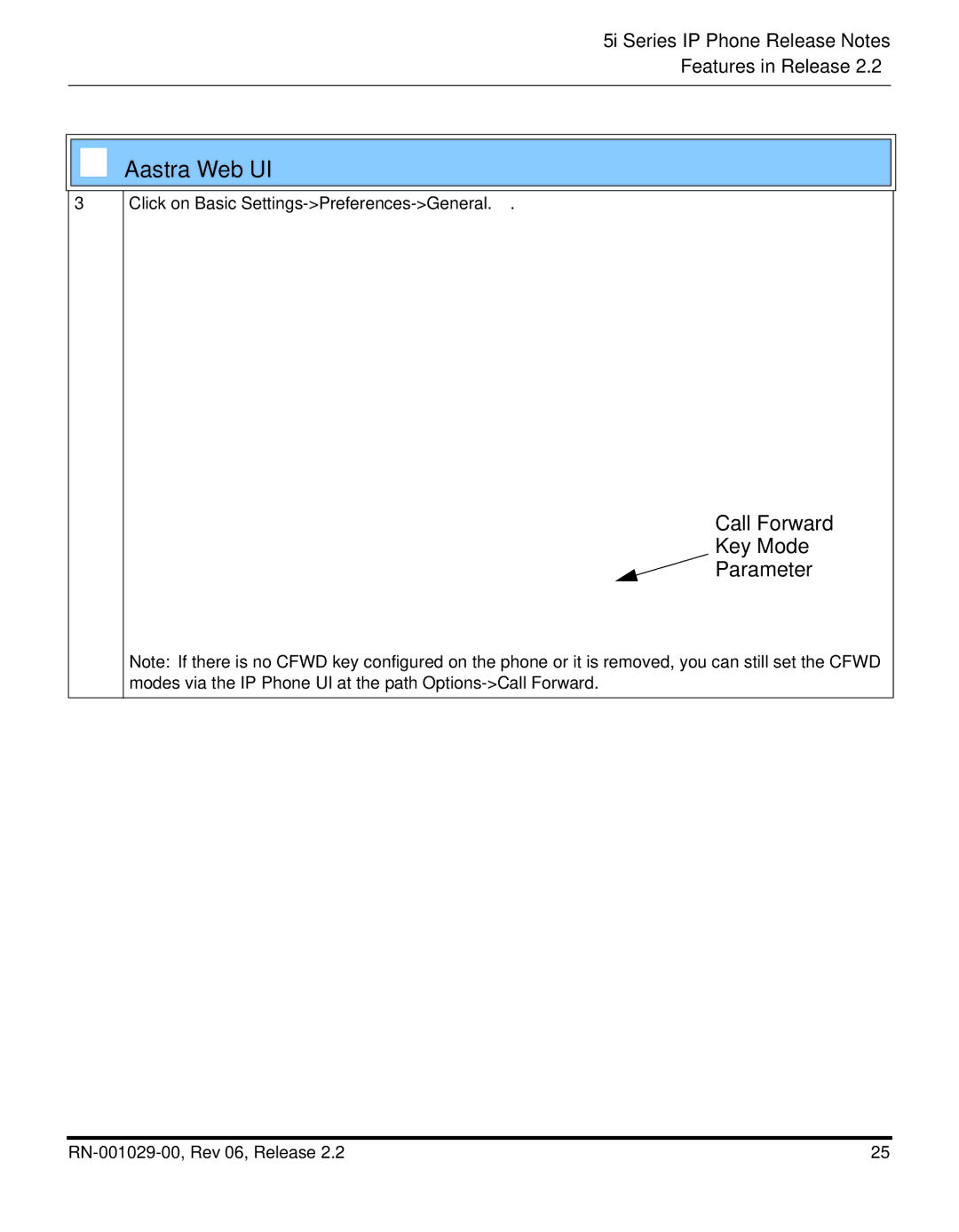 Aastra Telecom REV 06, RN-001029-00 manual Call Forward Key Mode Parameter, Click on Basic Settings-Preferences-General 