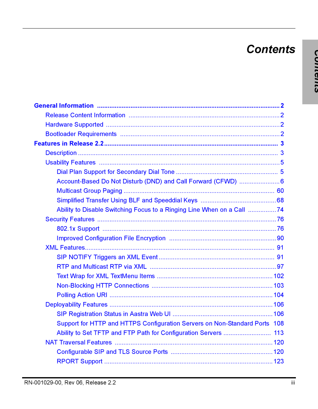 Aastra Telecom REV 06, RN-001029-00 manual Contents 