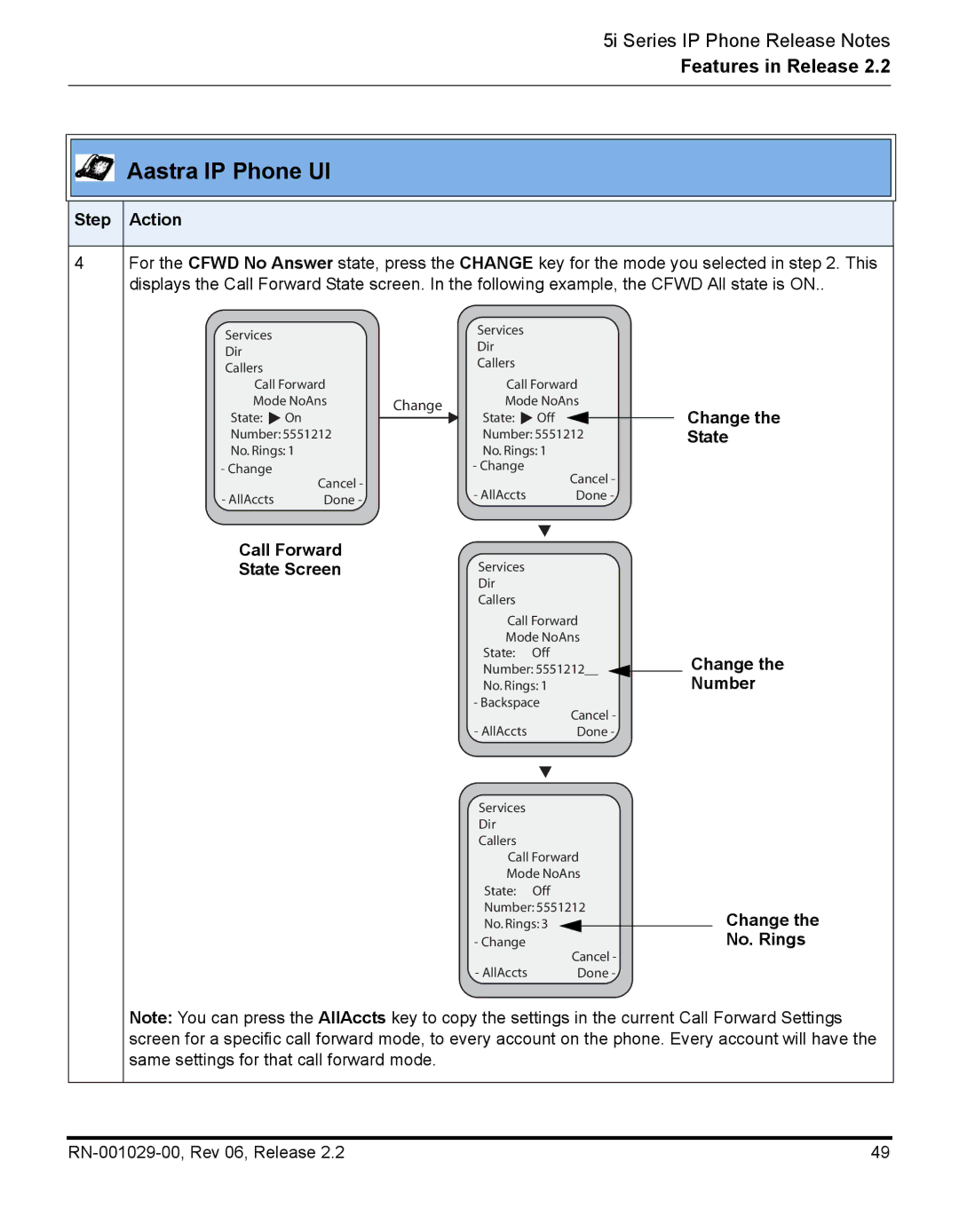 Aastra Telecom REV 06, RN-001029-00 manual Change, State, No. Rings 