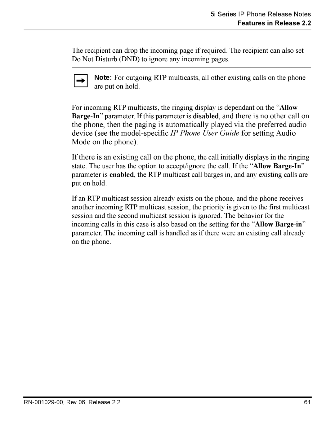 Aastra Telecom REV 06, RN-001029-00 manual Features in Release 