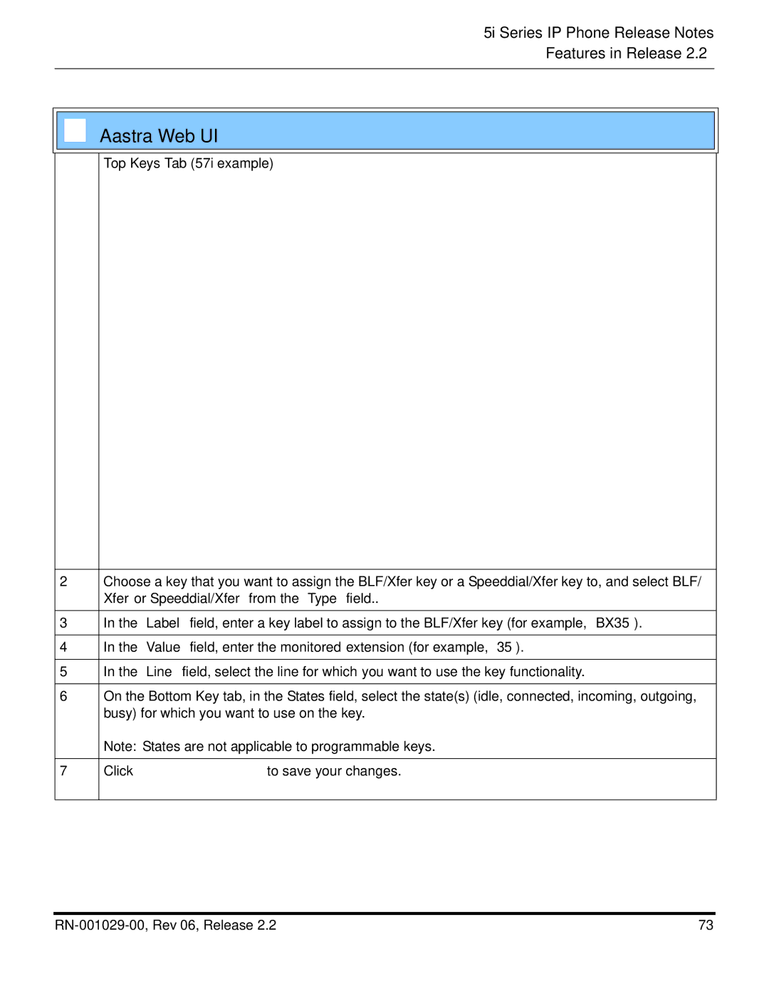 Aastra Telecom REV 06, RN-001029-00 manual Top Keys Tab 57i example, Xfer or Speeddial/Xfer from the Type field 