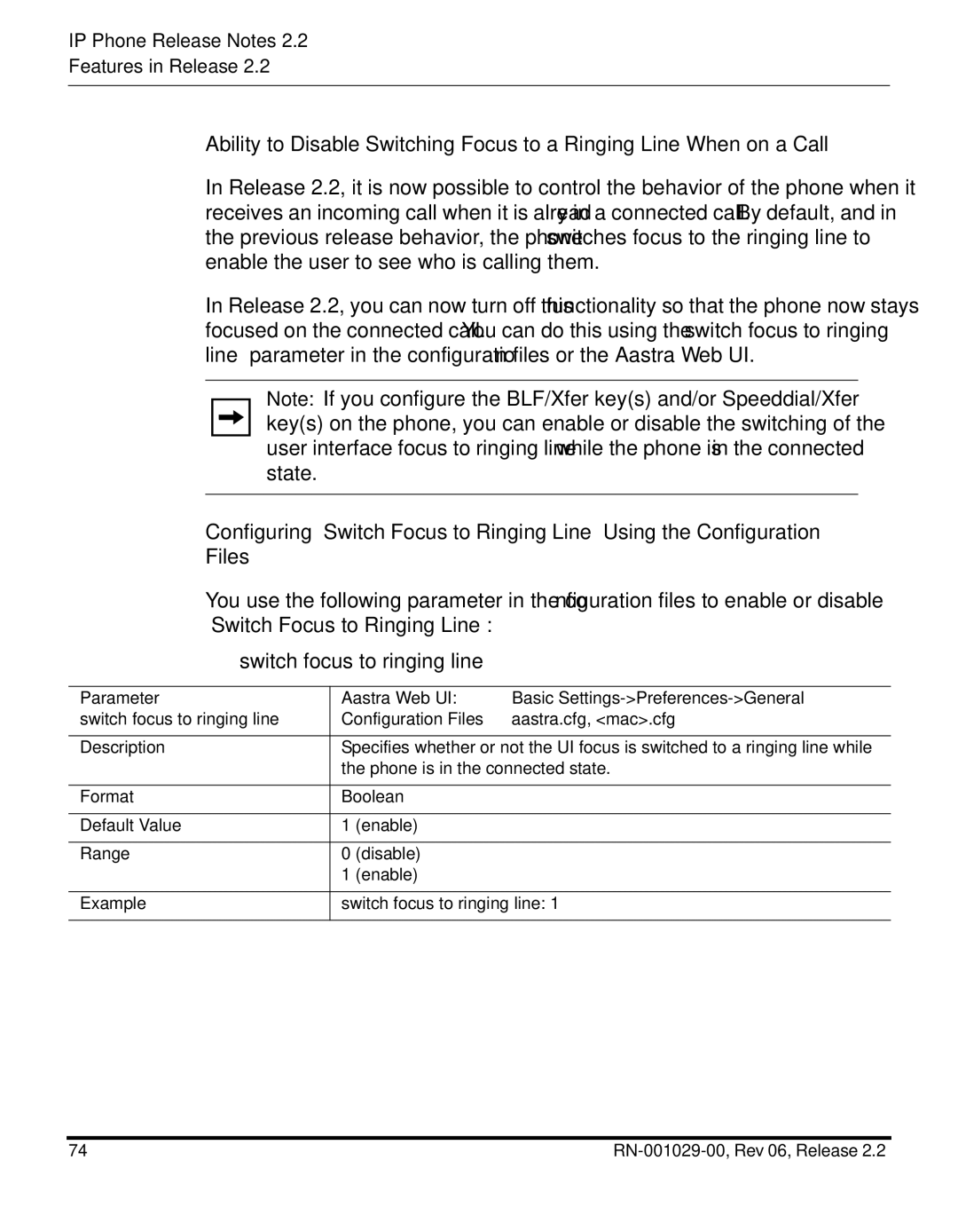 Aastra Telecom RN-001029-00, REV 06 manual Switch focus to ringing line, Parameter Aastra Web UI 