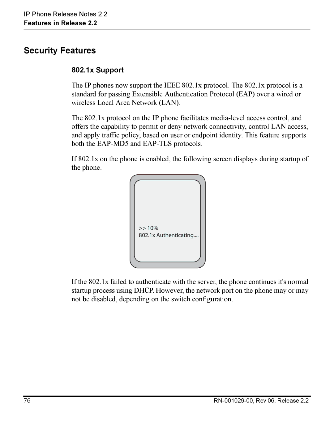 Aastra Telecom RN-001029-00, REV 06 manual Security Features, 802.1x Support 