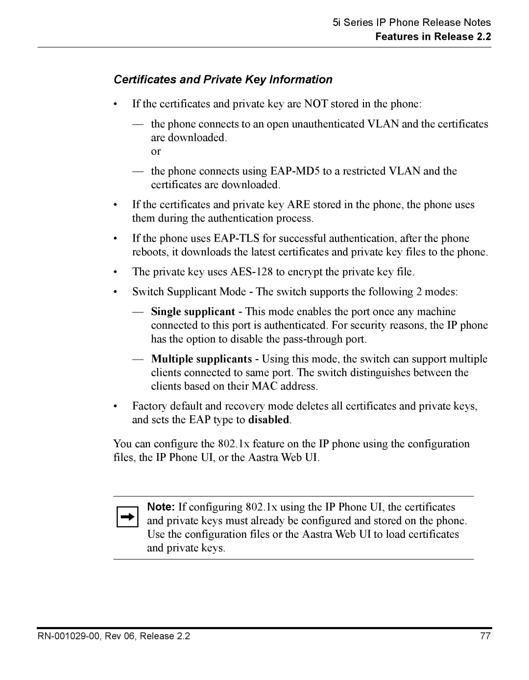 Aastra Telecom REV 06, RN-001029-00 manual Certificates and Private Key Information 