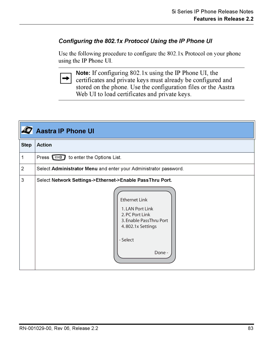 Aastra Telecom REV 06, RN-001029-00 manual Configuring the 802.1x Protocol Using the IP Phone UI 