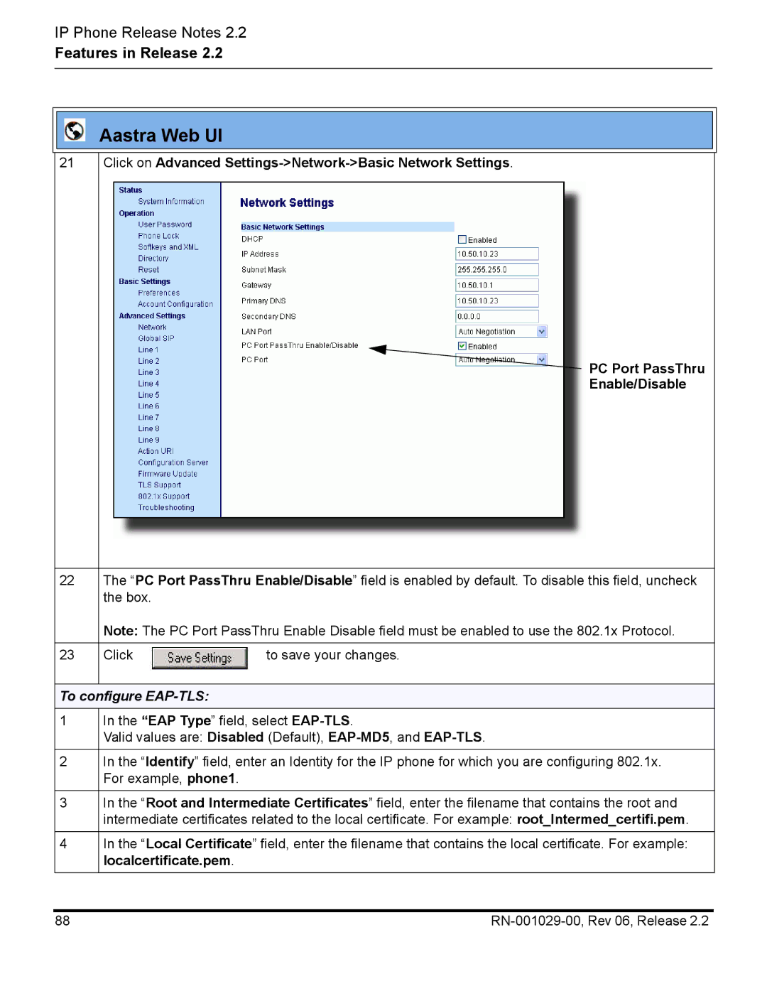 Aastra Telecom RN-001029-00, REV 06 manual To configure EAP-TLS, Localcertificate.pem 