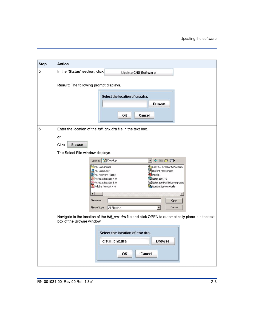 Aastra Telecom RN-001031-00 manual Updating the software, Step, Action, The Select File window displays 