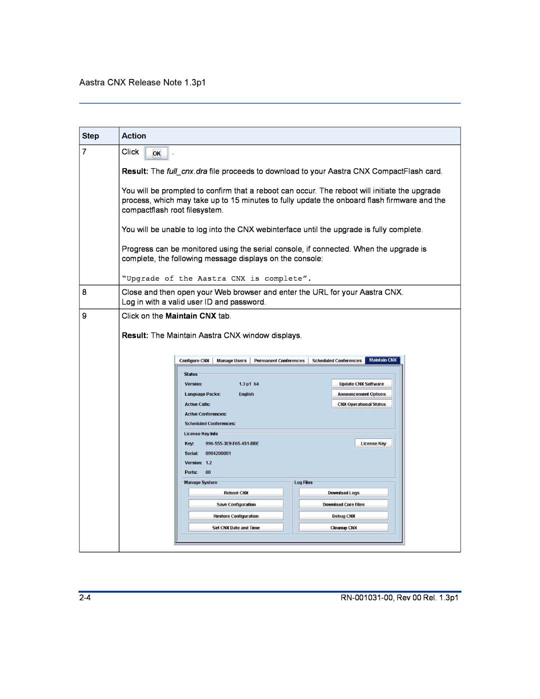 Aastra Telecom RN-001031-00 manual Aastra CNX Release Note 1.3p1, Step, Action, Click 