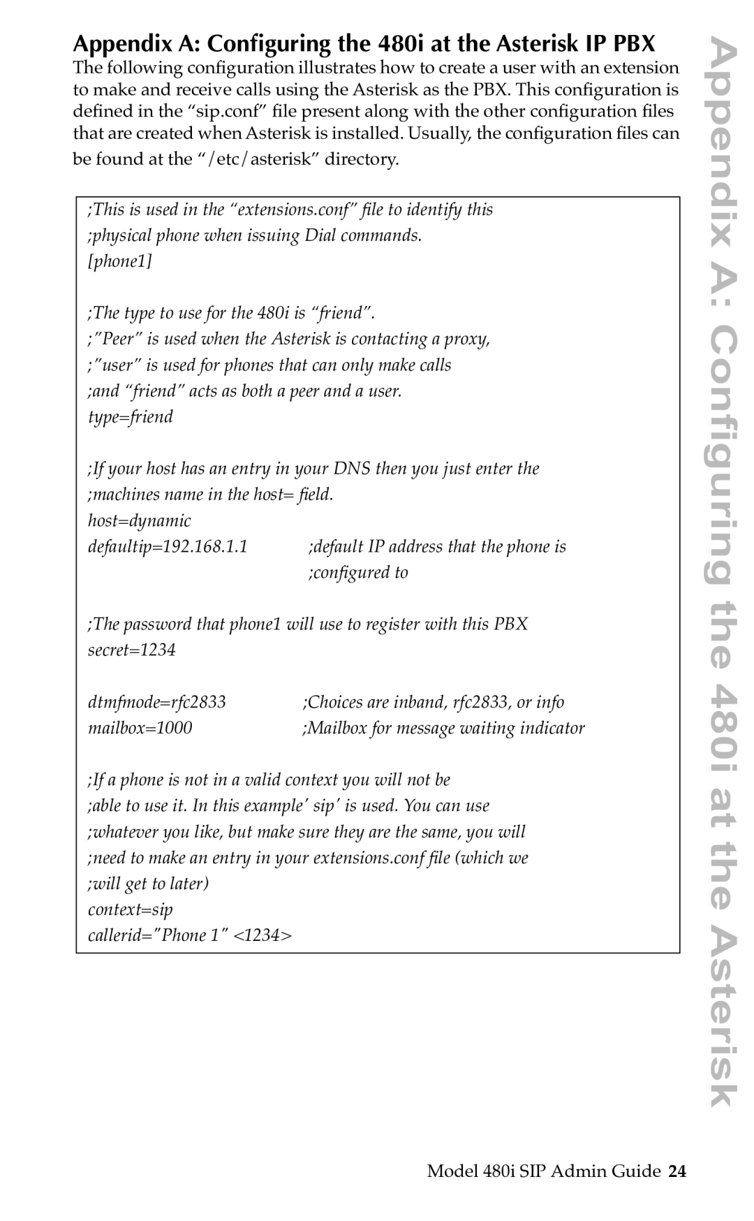 Aastra Telecom SIP manual Appendix a Conﬁguring the 480i at the Asterisk IP PBX 