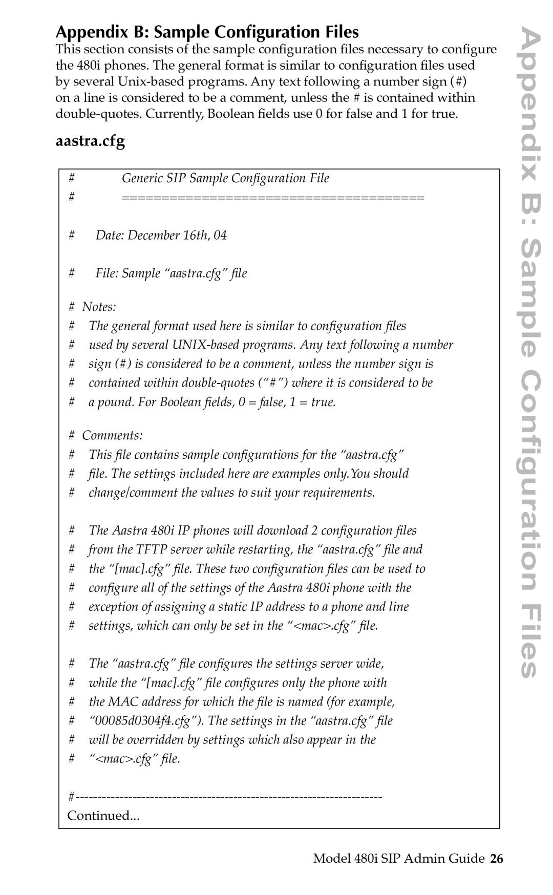 Aastra Telecom SIP manual Appendix B Sample Conﬁguration Files, Aastra.cfg 