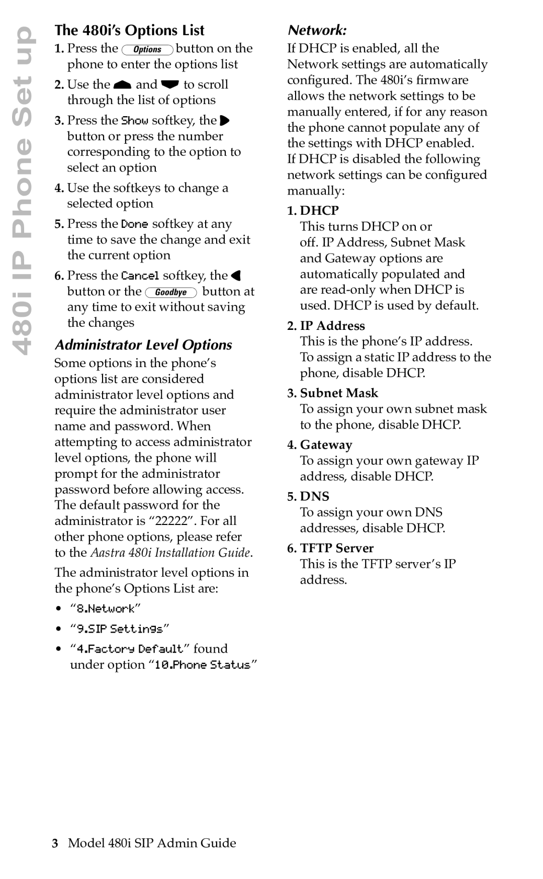 Aastra Telecom SIP manual 480i’s Options List 