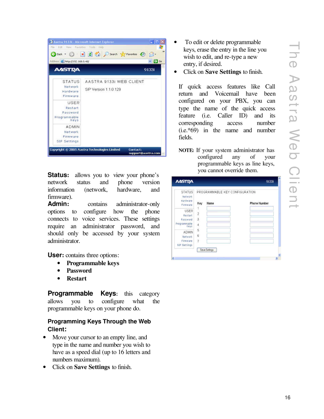 Aastra Telecom SIP9133i manual Aastra Web Client, ∙ Programmable keys ∙ Password ∙ Restart 