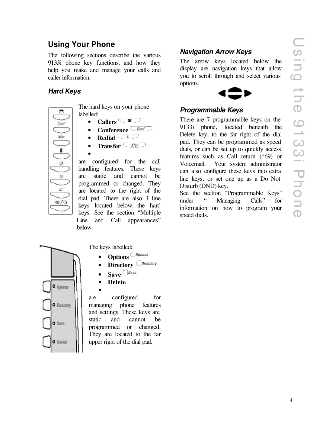 Aastra Telecom SIP9133i manual Using the 9133i Phone, Using Your Phone, Hard Keys, Navigation Arrow Keys, Programmable Keys 