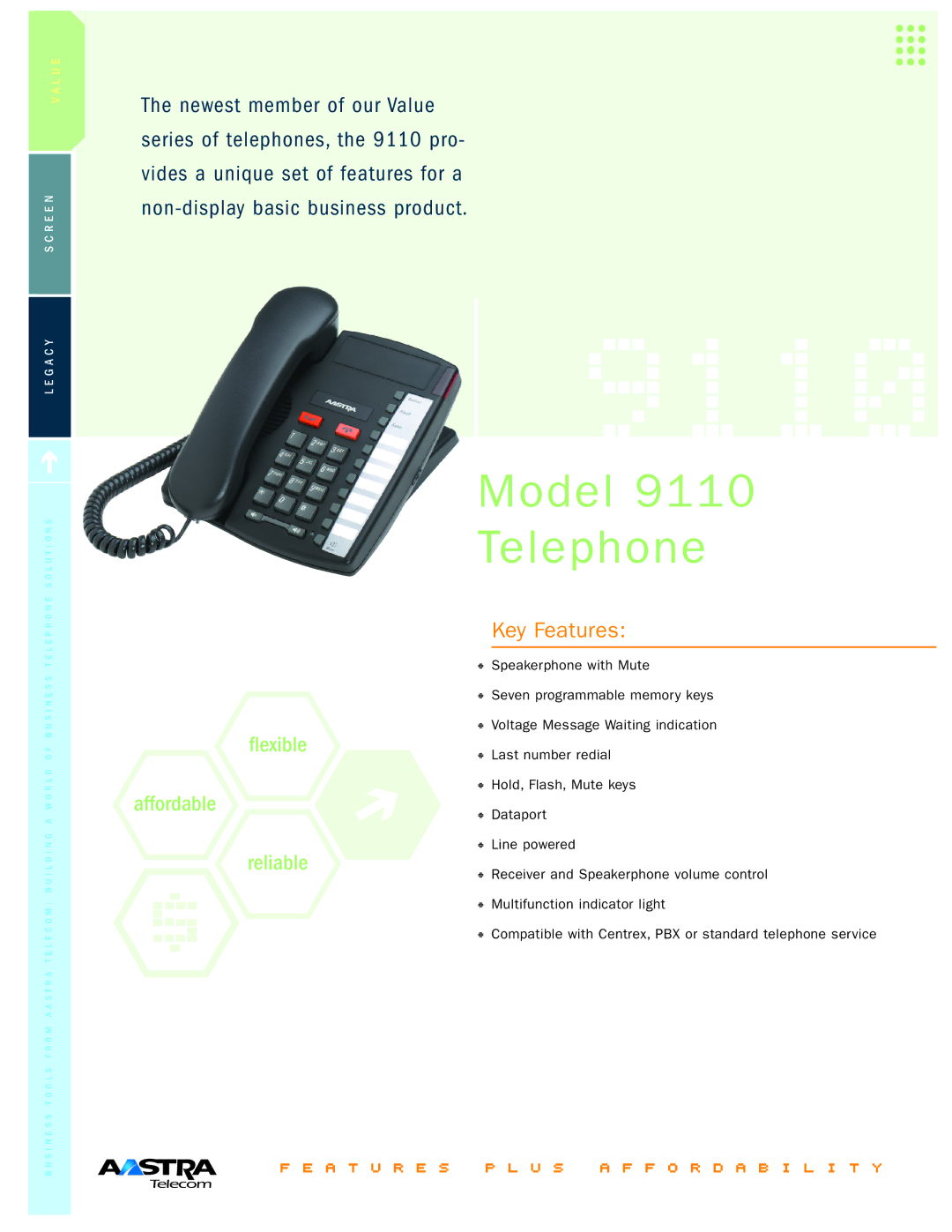 Aastra Telecom Telephone 9110 manual Model Telephone, Key Features 