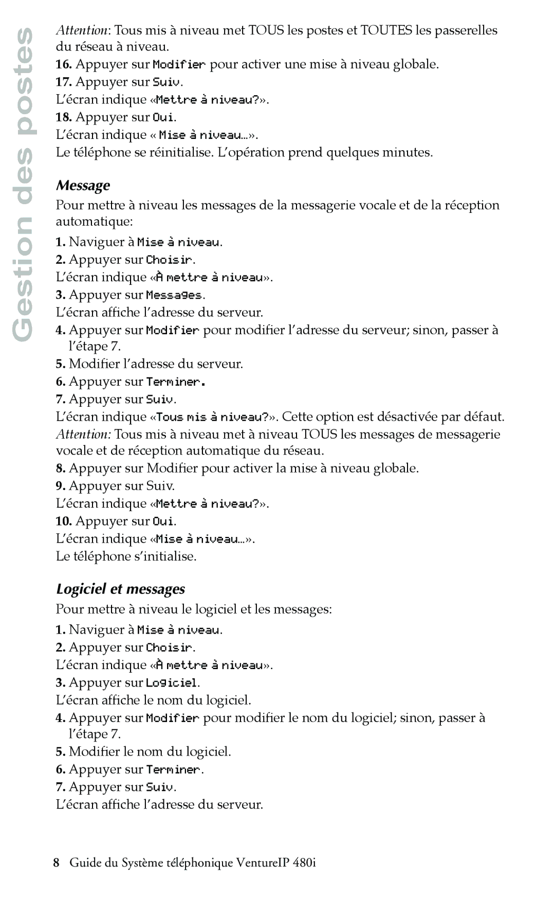 Aastra Telecom Telephone manual Message, Logiciel et messages 