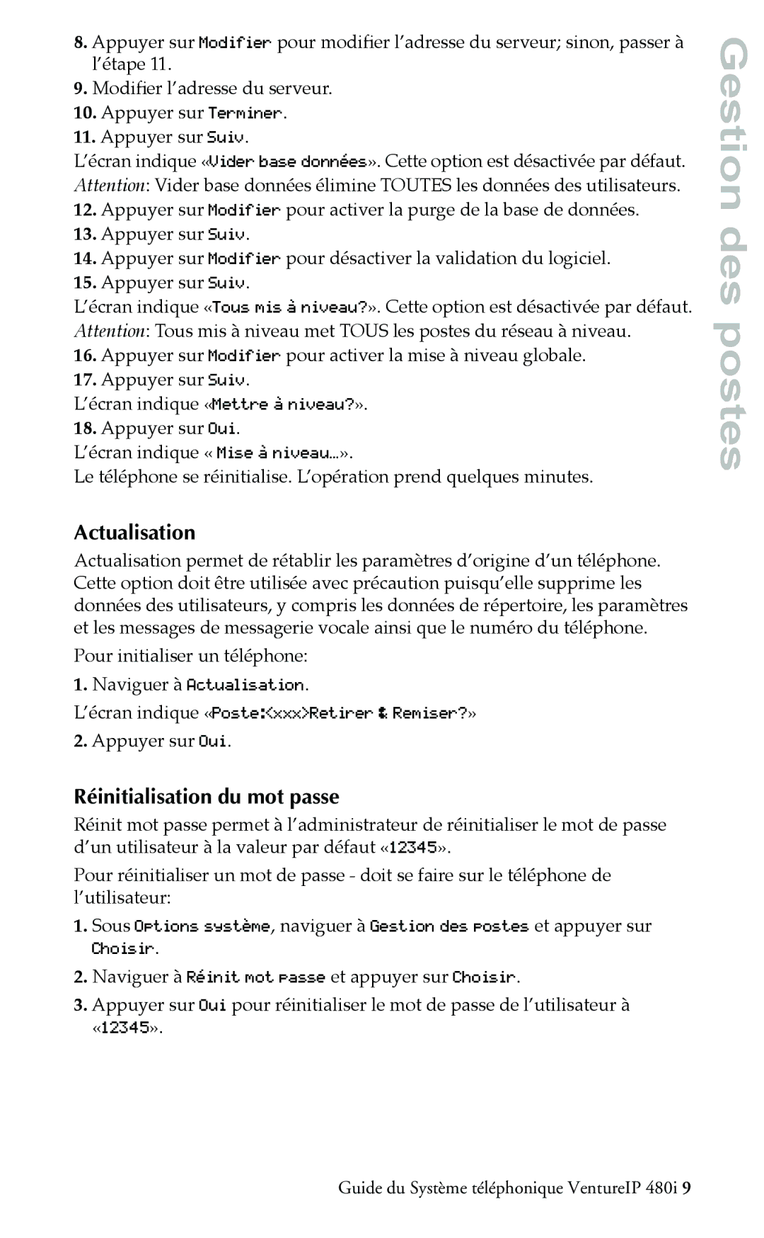 Aastra Telecom Telephone manual Actualisation, Réinitialisation du mot passe 