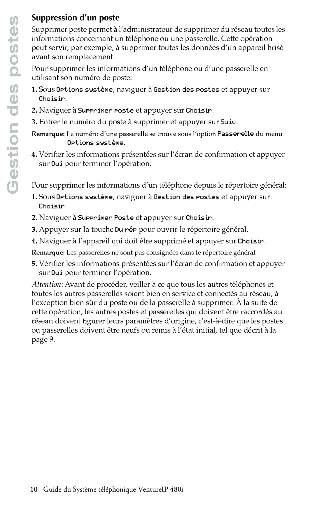 Aastra Telecom Telephone manual Suppression d’un poste, Options système 