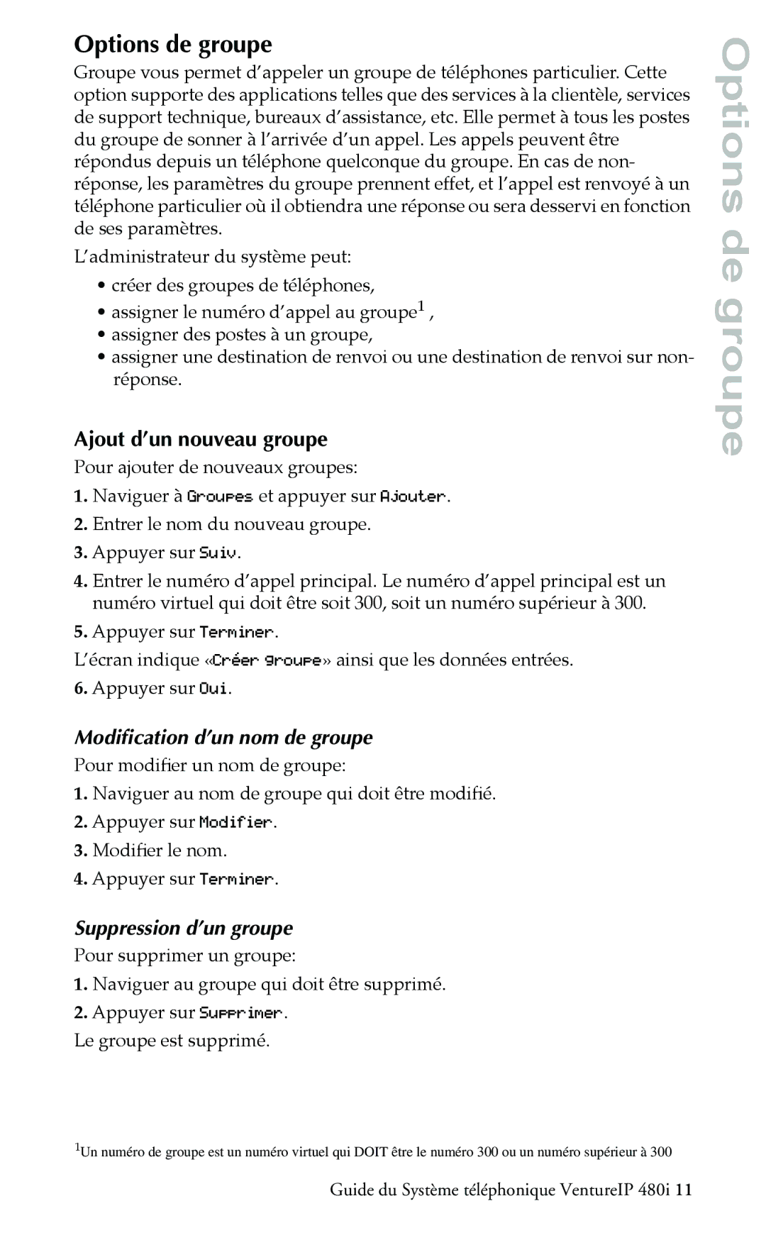 Aastra Telecom Telephone manual Options de groupe, Ajout d’un nouveau groupe, Modiﬁcation d’un nom de groupe 