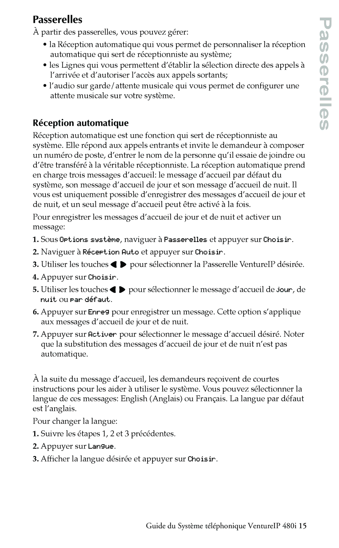 Aastra Telecom Telephone manual Passerelles, Réception automatique 