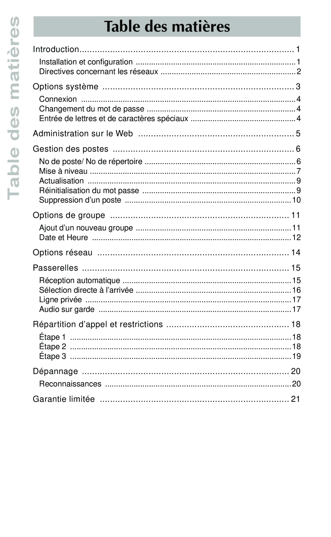 Aastra Telecom Telephone manual Table des matières 