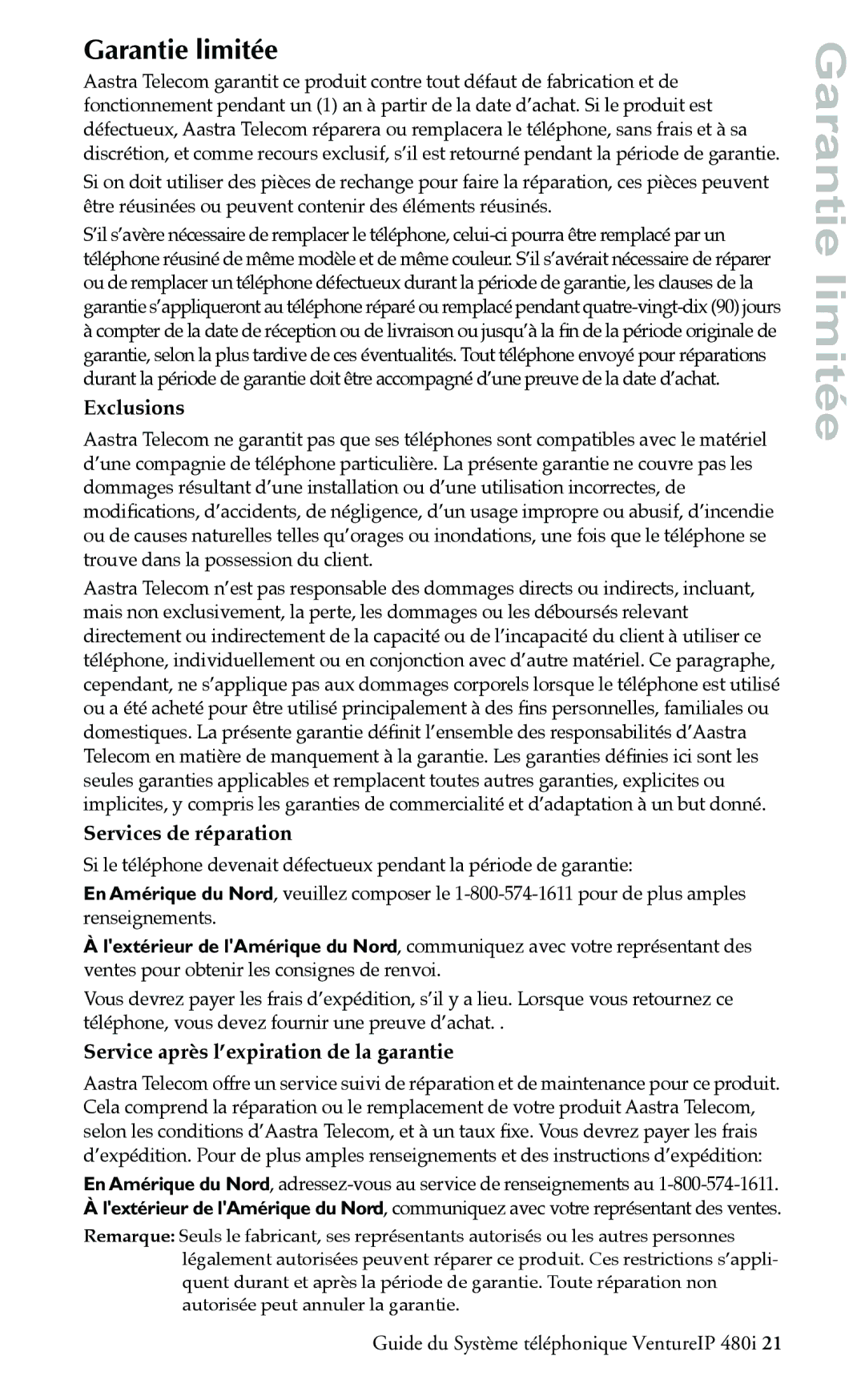 Aastra Telecom Telephone Garantie limitée, Exclusions, Services de réparation, Service après l’expiration de la garantie 