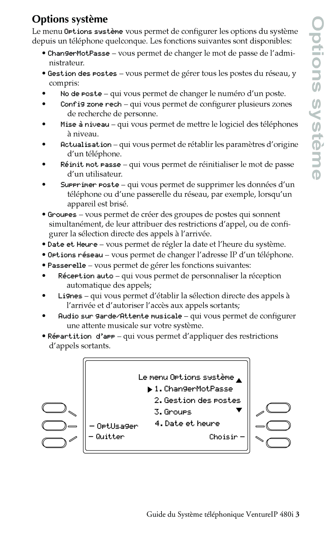 Aastra Telecom Telephone manual Options système, Quitter Choisir 