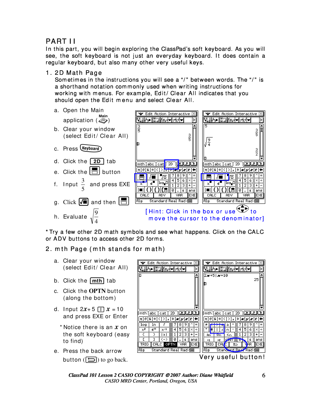 AB Soft 101 manual 1. 2D Math Page, mth Page mth stands for math, Very useful button, button I to go back, Part 