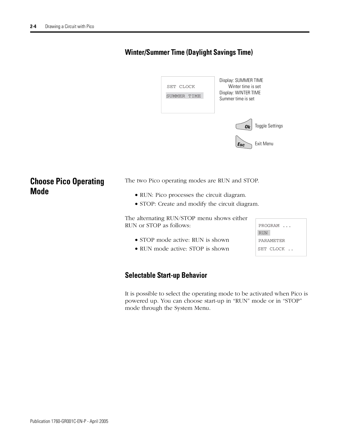 AB Soft 1760 manual Choose Pico Operating Mode, Winter/Summer Time Daylight Savings Time, Selectable Start-up Behavior 