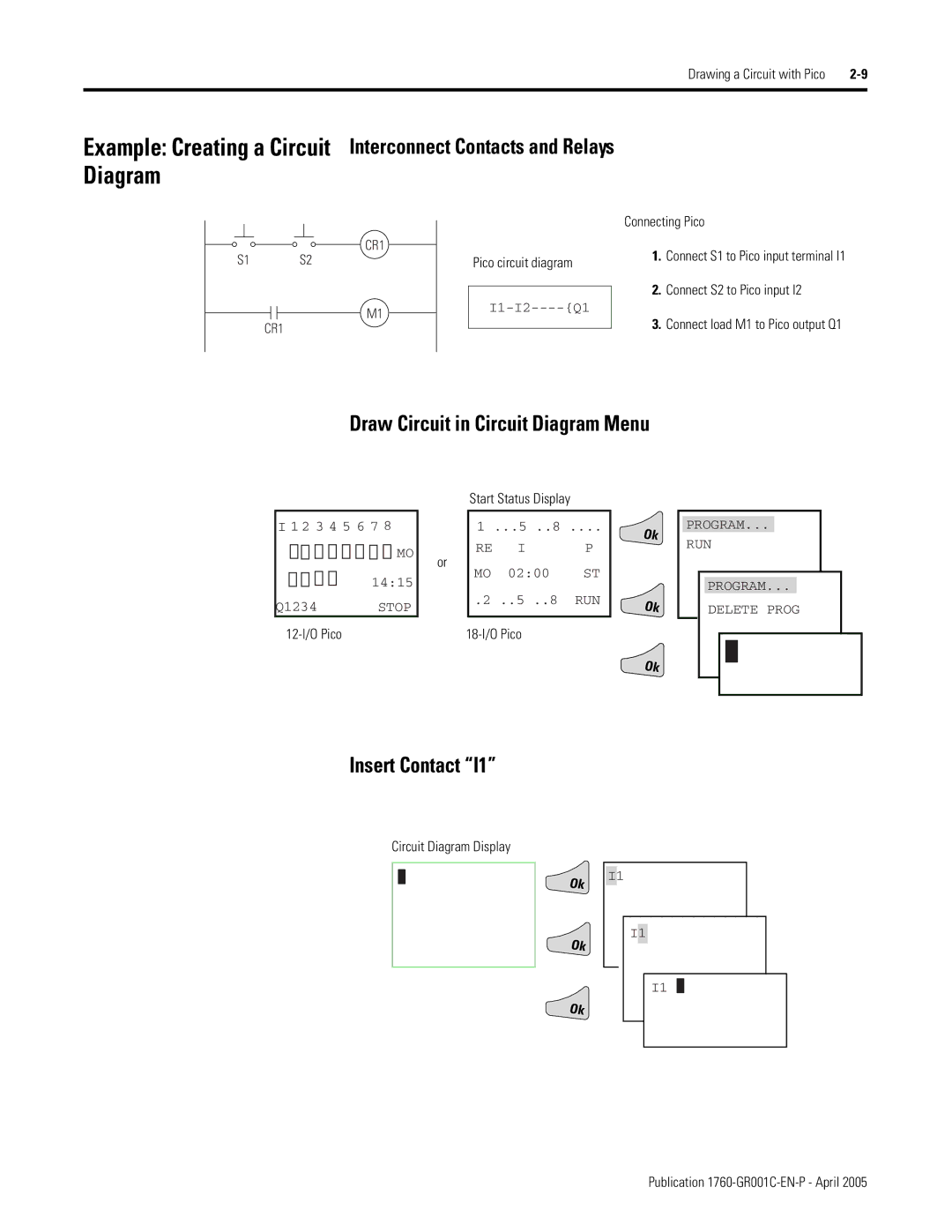 AB Soft 1760 manual Example Creating a Circuit Interconnect Contacts and Relays, Draw Circuit in Circuit Diagram Menu 