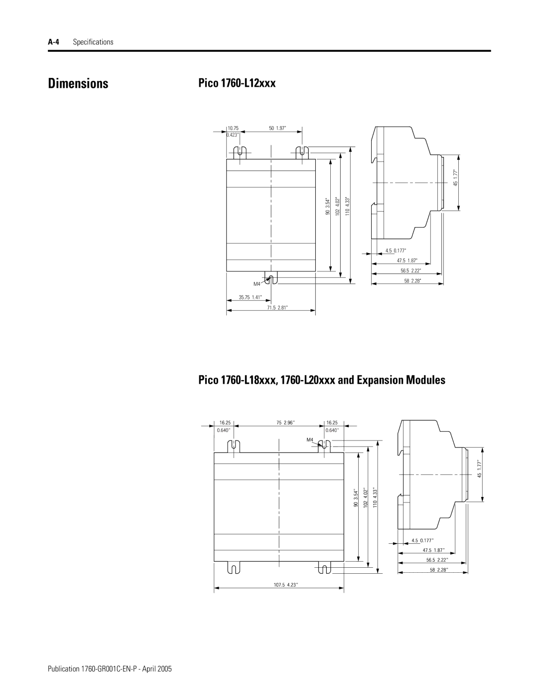 AB Soft manual Dimensions, Pico 1760-L12xxx, Pico 1760-L18xxx, 1760-L20xxx and Expansion Modules 